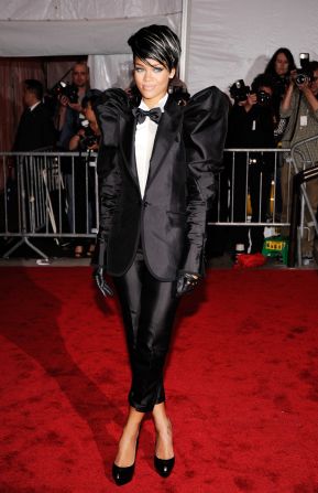 Rihanna wears a menswear-inspired look to the 2009 Costume Institute gala at the Metropolitan Museum of Art in New York City.