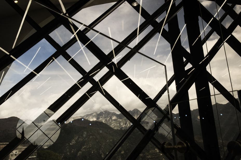 The Amalfi coast and the mountains are reflected in Ravello's Auditorium Oscar Niemeyer the day of its official inauguration on January 29, 2009. After ten years of controversy, the auditorium opened in the southern Italian town of Ravello on the Amalfi coast.