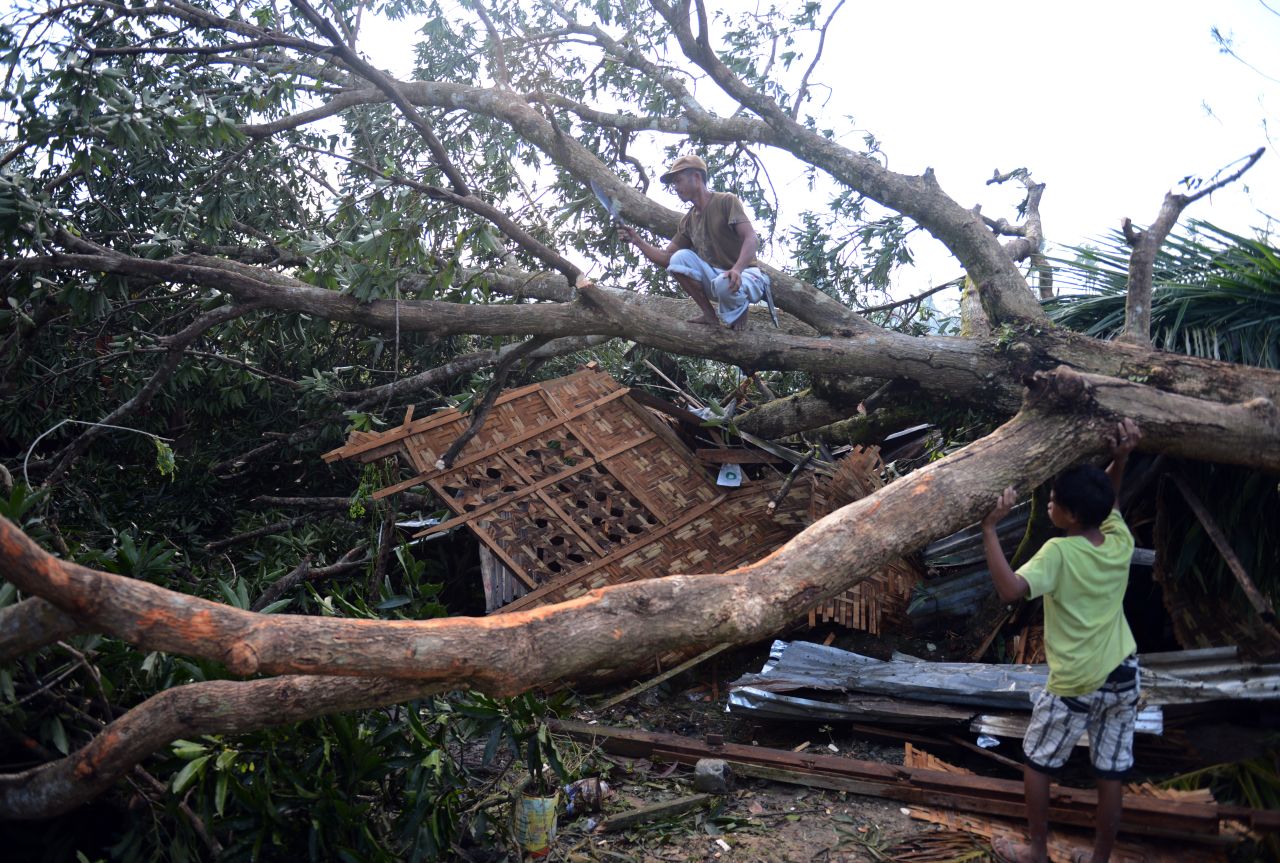A resident cuts branches of a toppled tree in Montevista, Philippines, on December 6. It fell onto his house at the height of Typhoon Bopha. 