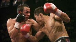 Manny Pacquiao and Juan Manuel Marquez went head-to-head for the first time in the featherweight division in 2004, a controversial bout which ended as a draw. The result stood, despite one judge admitting he had made a mistake when scoring a round 10-7 to Pacquiao rather than 10-6. They stepped back into the ring in a super featherweight fight in 2008, pictured above.