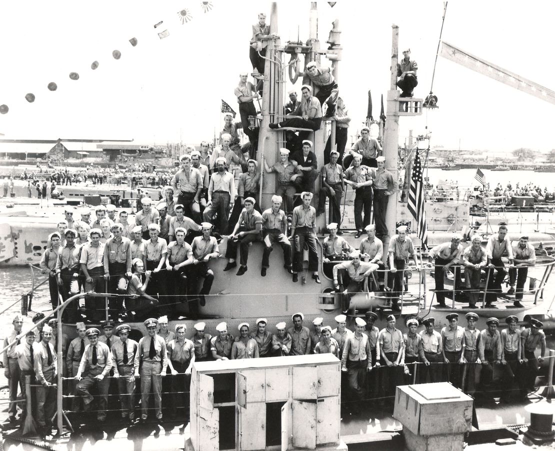 Crew of the USS Bowfin submarine take a picture  in July 1945. The vessel was launched exactly one year after the attack on Pearl Harbor.
