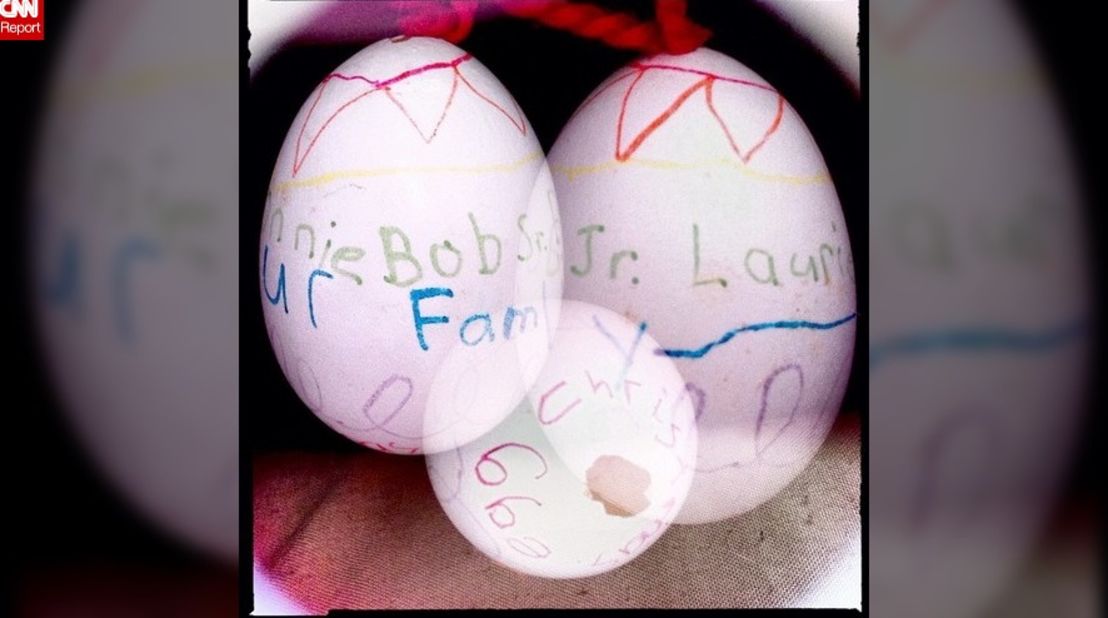 "This was a class project in 5th or 6th grade to make ornaments from hollowed eggs. I wrote all the names of our family members and also 'Our Family.' I remember that NO ONE believed the teacher when she told us we were going to blow the egg out of the shell." -- Penelope Ann Treat (@penelopeanntreat), Palm City, Florida