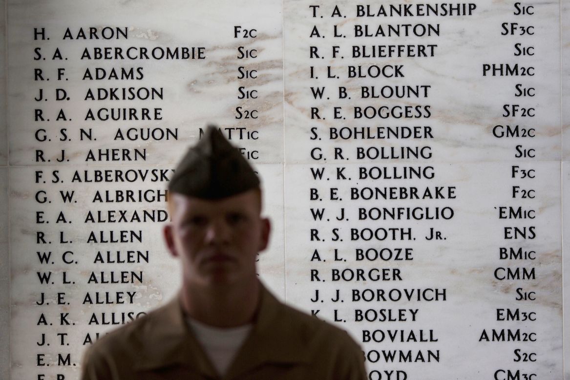 Names are etched on the Remembrance Wall in the shrine room of the USS Arizona Memorial in Pearl Harbor, Hawaii.