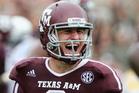 Manziel celebrates a touchdown against the Arkansas Razorbacks at Kyle Field on September 29 in College Station, Texas.