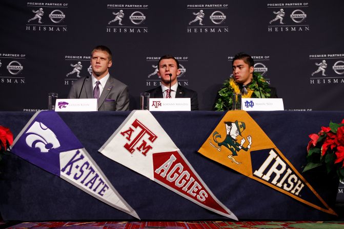 Left to right: Heisman finalists quarterback Collin Klein of the Kansas State Wildcats, Manziel and linebacker Manti Te'o of the University of Notre Dame Fighting Irish speak during a press conference prior to the 78th Heisman Trophy Presentation at the Marriott Marquis on December 8 in New York City.