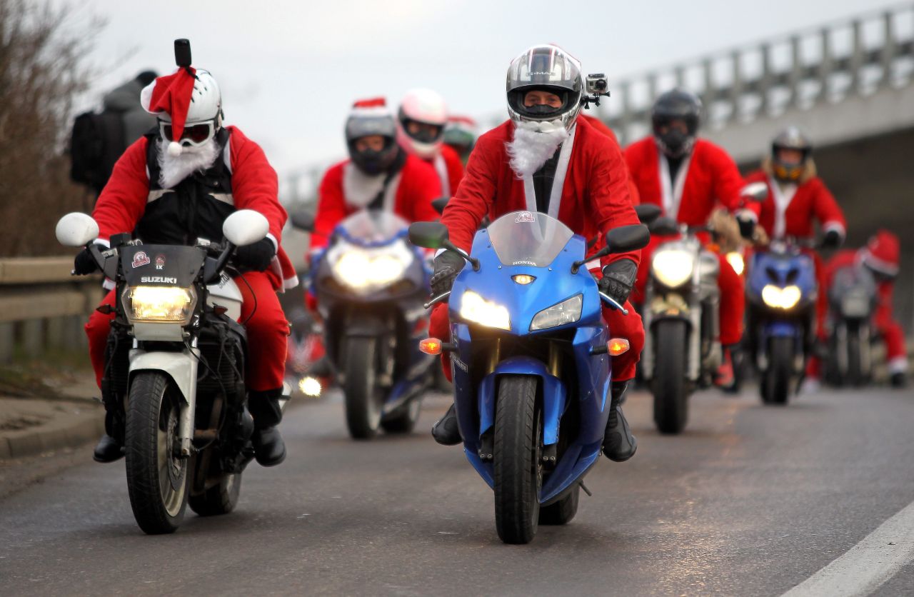 A few thousand Santa Clauses ride between Gdansk and Gdynia, Poland, on Sunday, December 9. Santa Clauses rode on scooters, motorcycles and all-terrain vehicles between the two Polish cities.