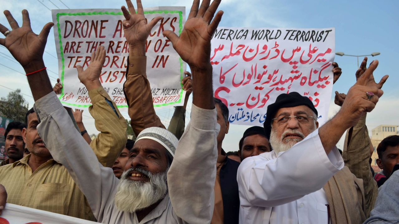 Demonstrators in Multan, Pakistan, shout anti-U.S. slogans during a protest Thursday against drone attacks.