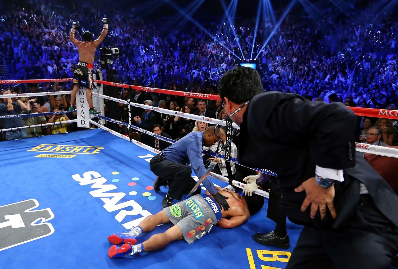 Marquez knocked out Pacquiao in the sixth round Saturday night in Las Vegas. Pacquiao lay motionless for a while, before eventually sitting up. With the technical knockout, Marquez was declared the winner.
