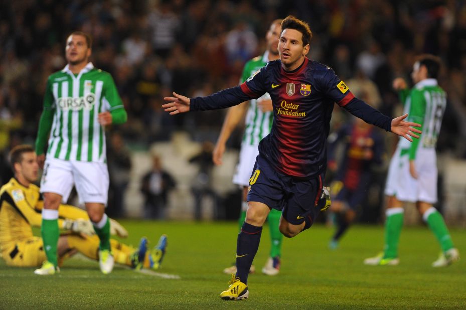 Lionel Messi celebrates after matching Gerd Muller's record of 85 goals in a calendar year, netting in the 16th minute of Barcelona's match against Real Betis in December 2012. Just nine minutes later the Argentina star passed the German's 1972 milestone. 