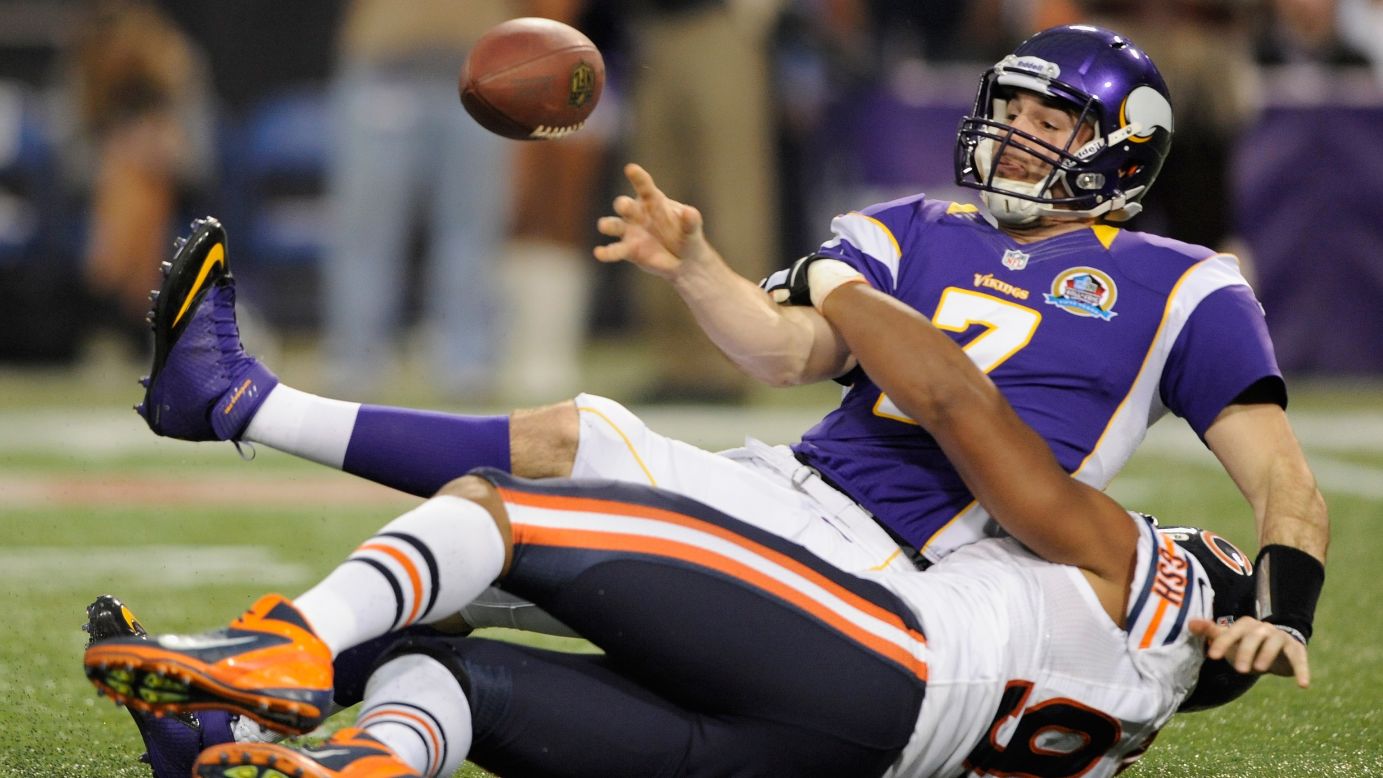 Corey Wootton of the Chicago Bears sacks Vikings quarterback Christian Ponder during the first quarter on Sunday.