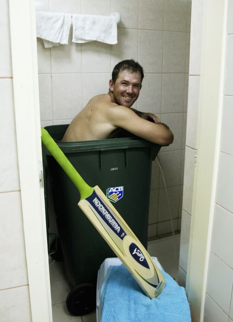 Ricky Ponting of Australia cools off after making 142 unbeaten runs during a 2002 Test in Pakistan. 
