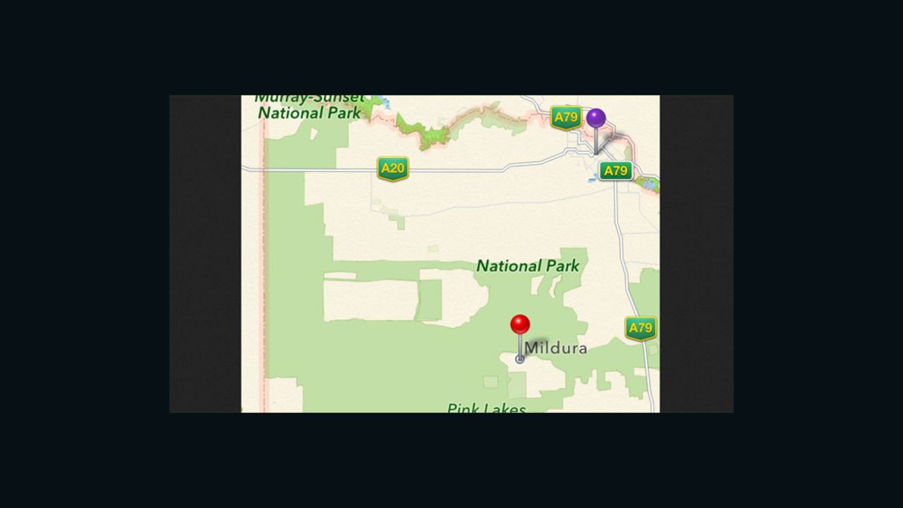 Apple Maps lists the Australian city of Mildura (purple pin) as being 70 kilometers away, in the middle of a national park (red pin).