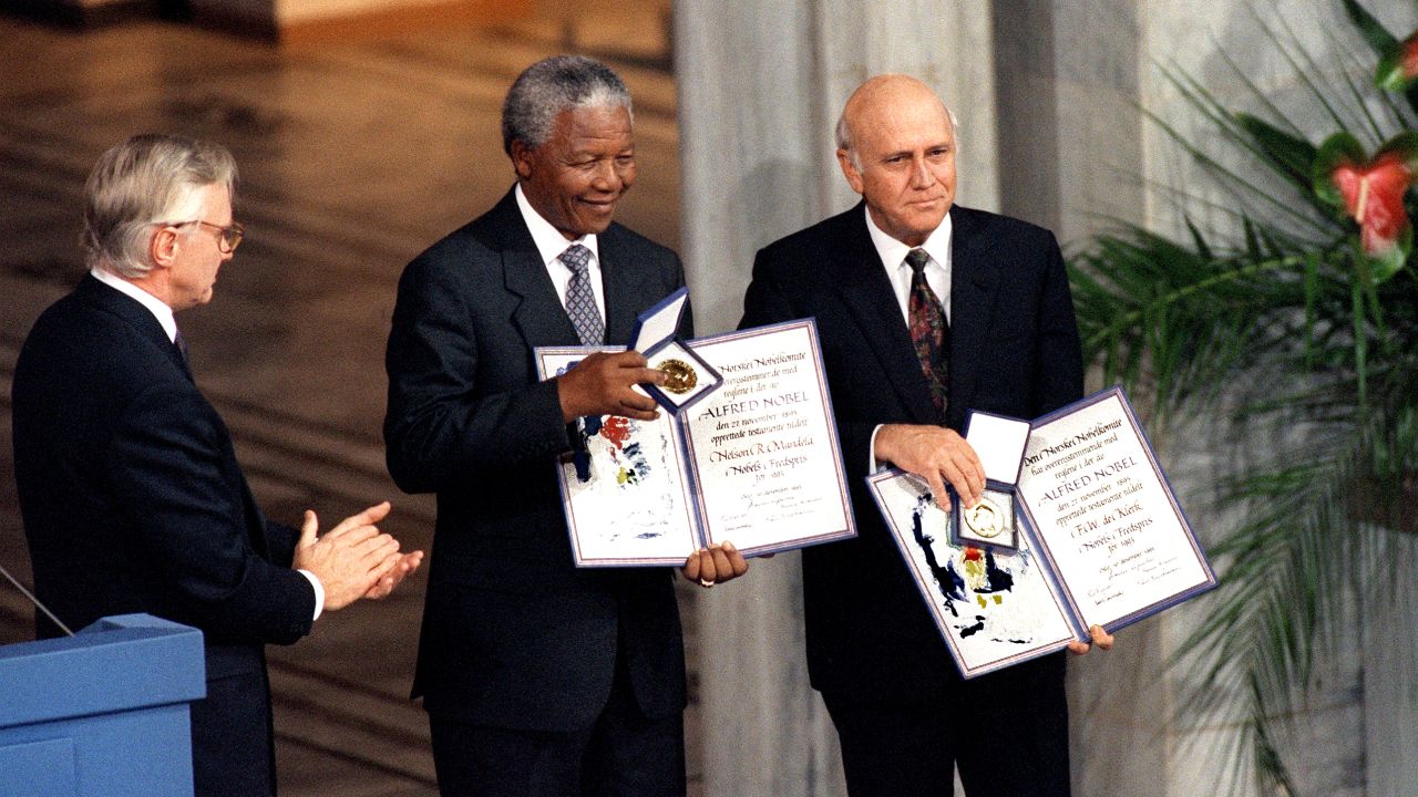 South African President Frederik de Klerk and Mandela shared a Nobel Peace Prize in 1993 for their work to secure a peaceful transition from apartheid rule.