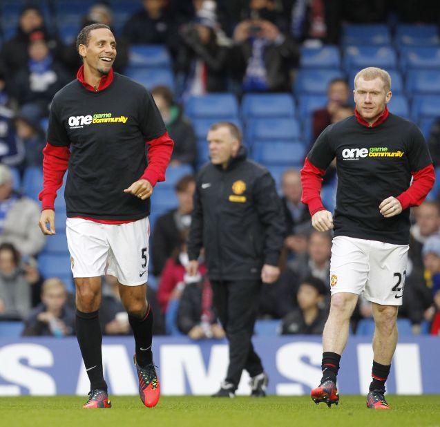 Ferdinand, left, wore a t-shirt supporting the anti-racism group Kick It Out  in October, having earlier refused to do so in protest at a perceived leniency in punishment for John Terry, who was accused of racially abusing the United player's  younger brother Anton. Kick It Out chairman Herman Ouseley has also criticized the English FA and the Premier League for failing to take strong action in recent high-profile racism cases. 