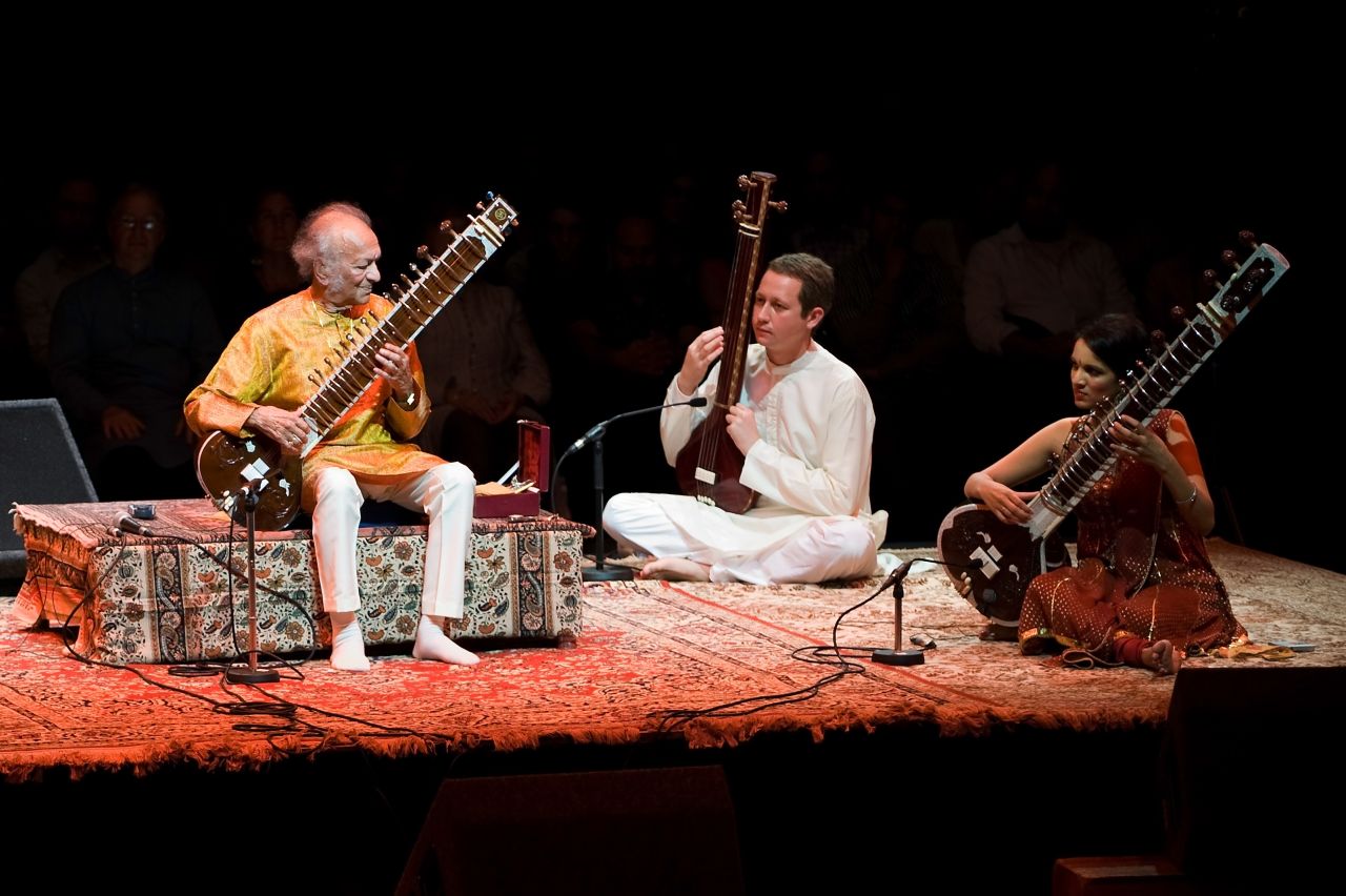 Shankar performs with his daughter, Anoushka Shankar, right, in London in June 2008 during his final tour of Europe.