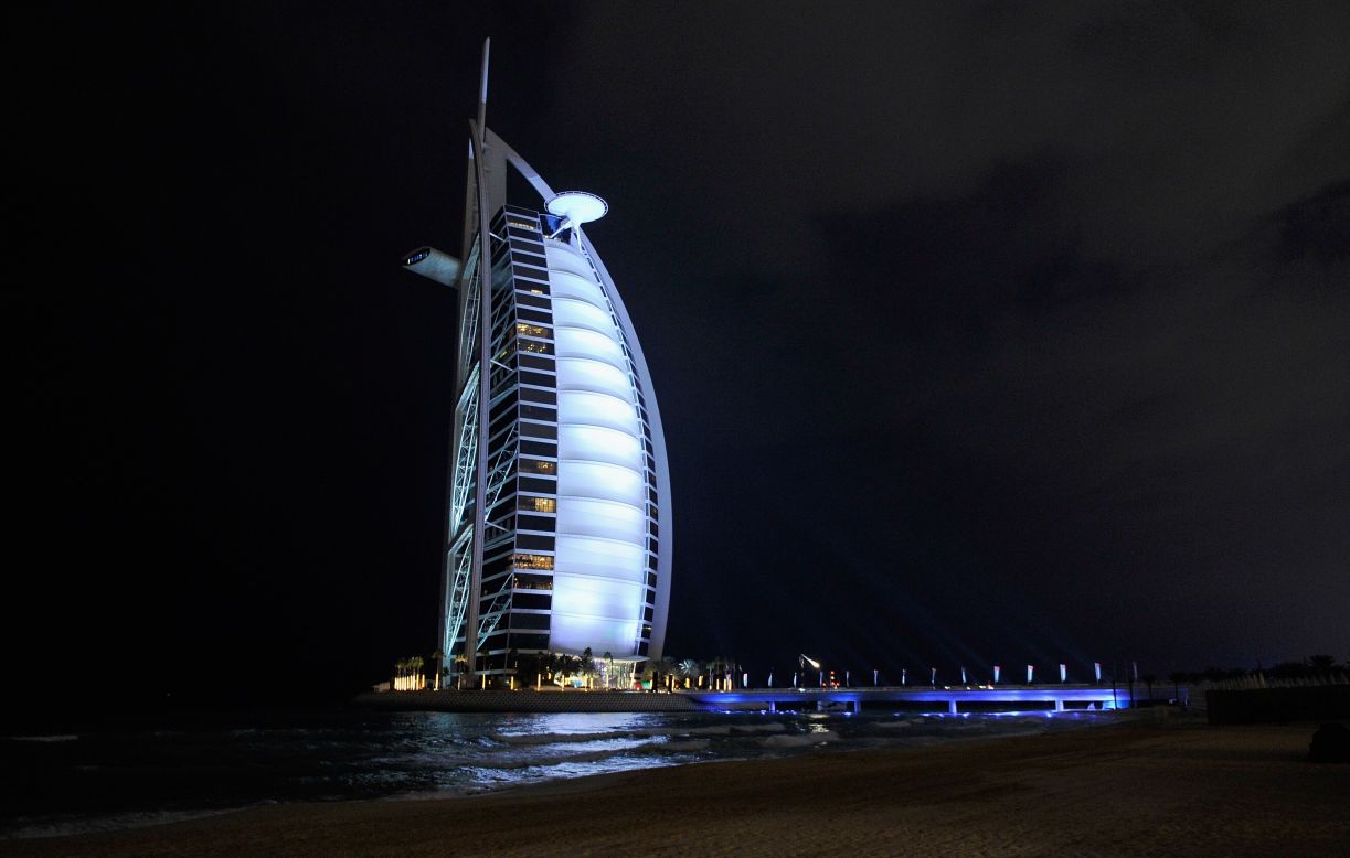 The world-famous Burj Al Arab hotel is renowned for its outstanding architectural design and customer service, which includes chauffeured Rolls Royce cars for guests.