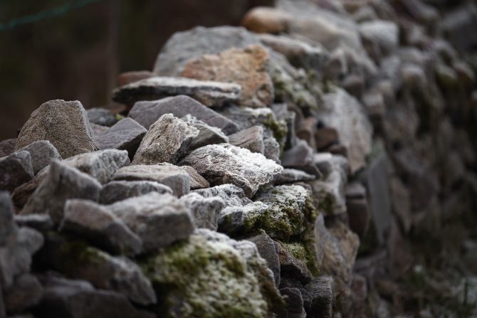 Frost is covers a stone wall on December 12 in Somerset, England.