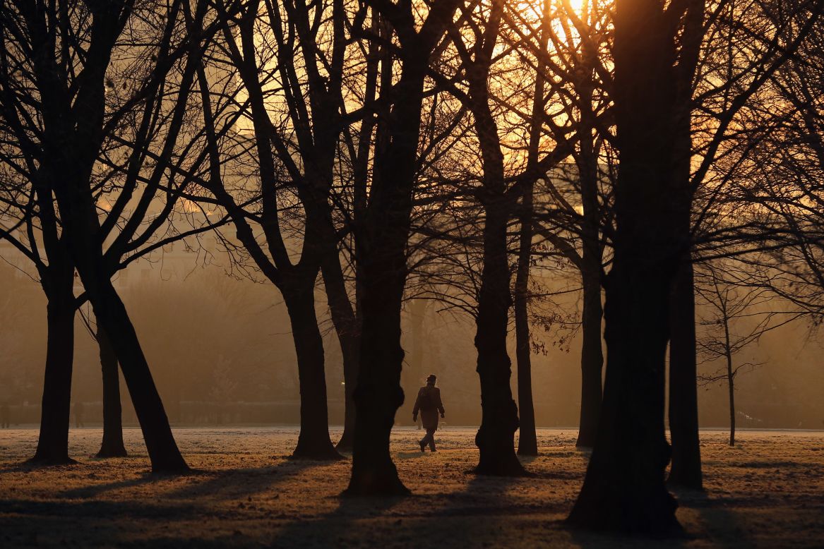 A man walks through the early morning frost in Regents Park on December 12.
