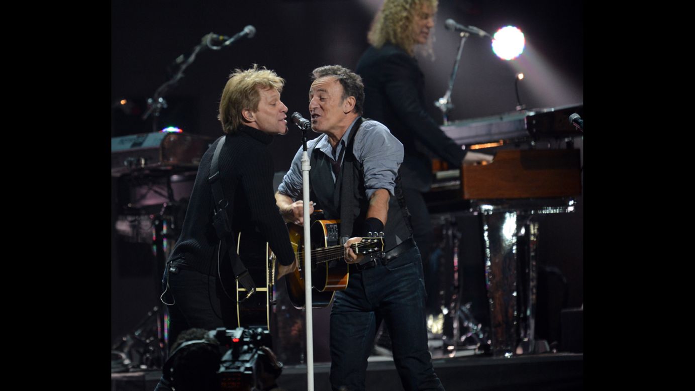 Jon Bon Jovi, left, and Bruce Springsteen shared the mic to raise money for victims of Hurricane Sandy. "This recovery is not going to be quick," Bon Jovi told the crowd during his set. "We need your support."