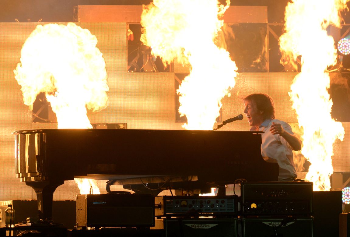 McCartney performs amid huge pyrotechnic displays.