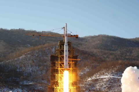 The Unha-3 rocket carrying "the second version of satellite Kwangmyongsong-3" lifts off Wednesday morning from the Sohae Space Center in North Korea's western Cholsan County.