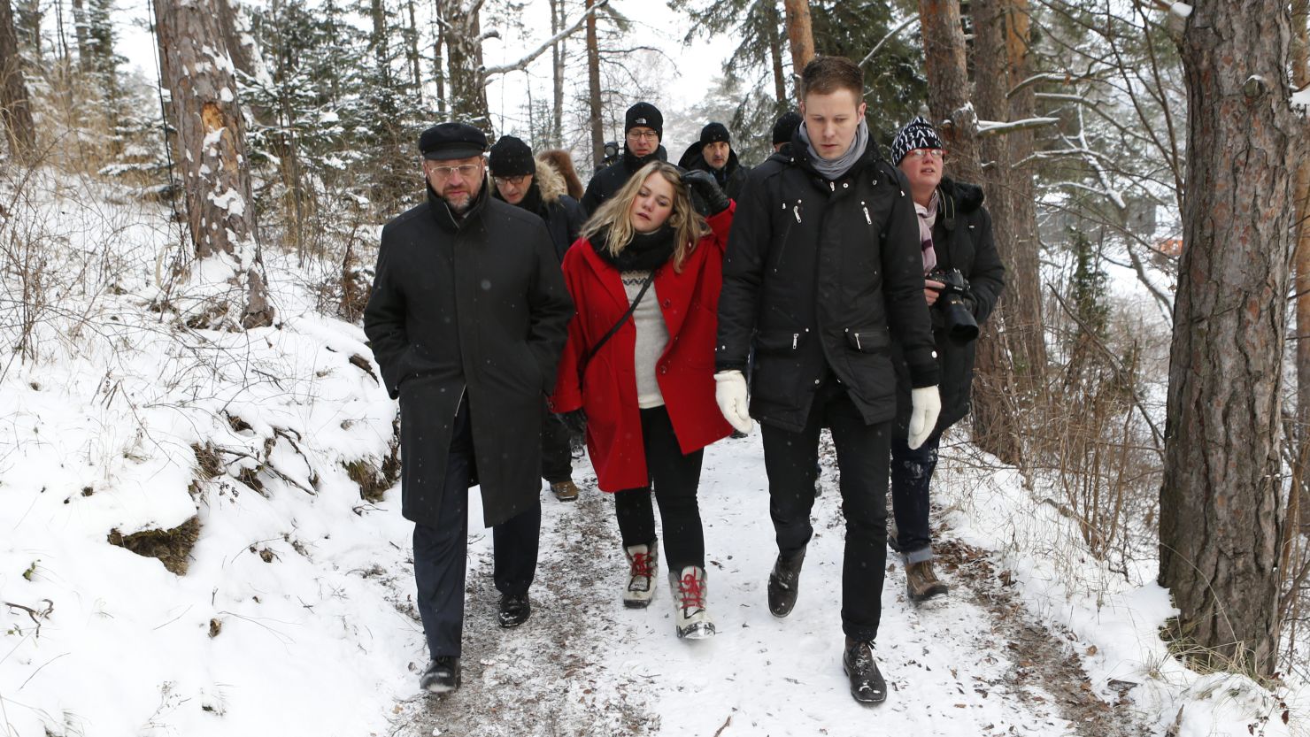 Martin Schulz (left) visits Utoya Island near Oslo, Norway, on December 11, 2012.