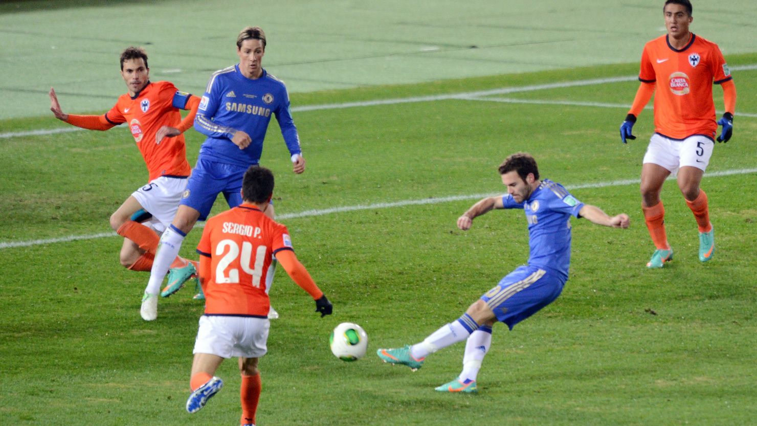 Juan Mata opens the scoring for Chelsea against Monterrey in Yokohama.