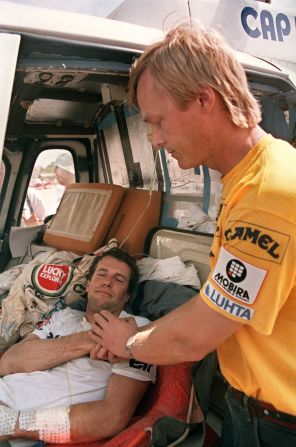 During the 1989 Dakar, Peugeot was fighting for victory with Ari Vatanen (R) and Jacky Ickx both driving identical cars. The former boss of Peugeot Jean Todt, who is now FIA president, became so concerned both might crash he opted to implement team orders. Taking a 10-franc piece out of his pocket, Todt flipped the coin -- with Vatanen winning the toss. Vatanen is pictured with Auriol during 1987 race.