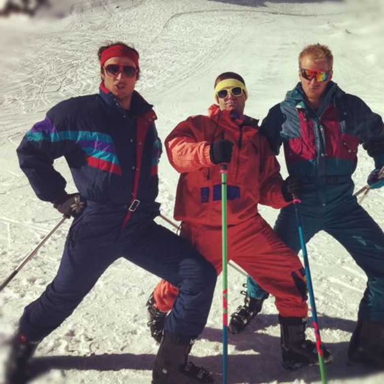 Svindal and fellow skiers Ted Ligety and James Heim go back to the 1980s for a photoshoot with sponsor Head.