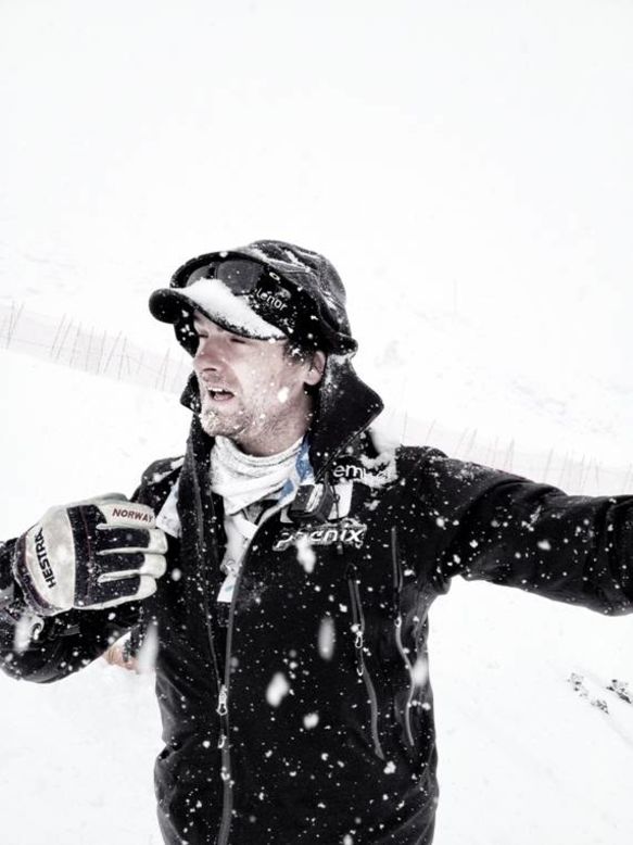 Norwegian ski coach Haavard Lie battles the elements during national team training in Solden.