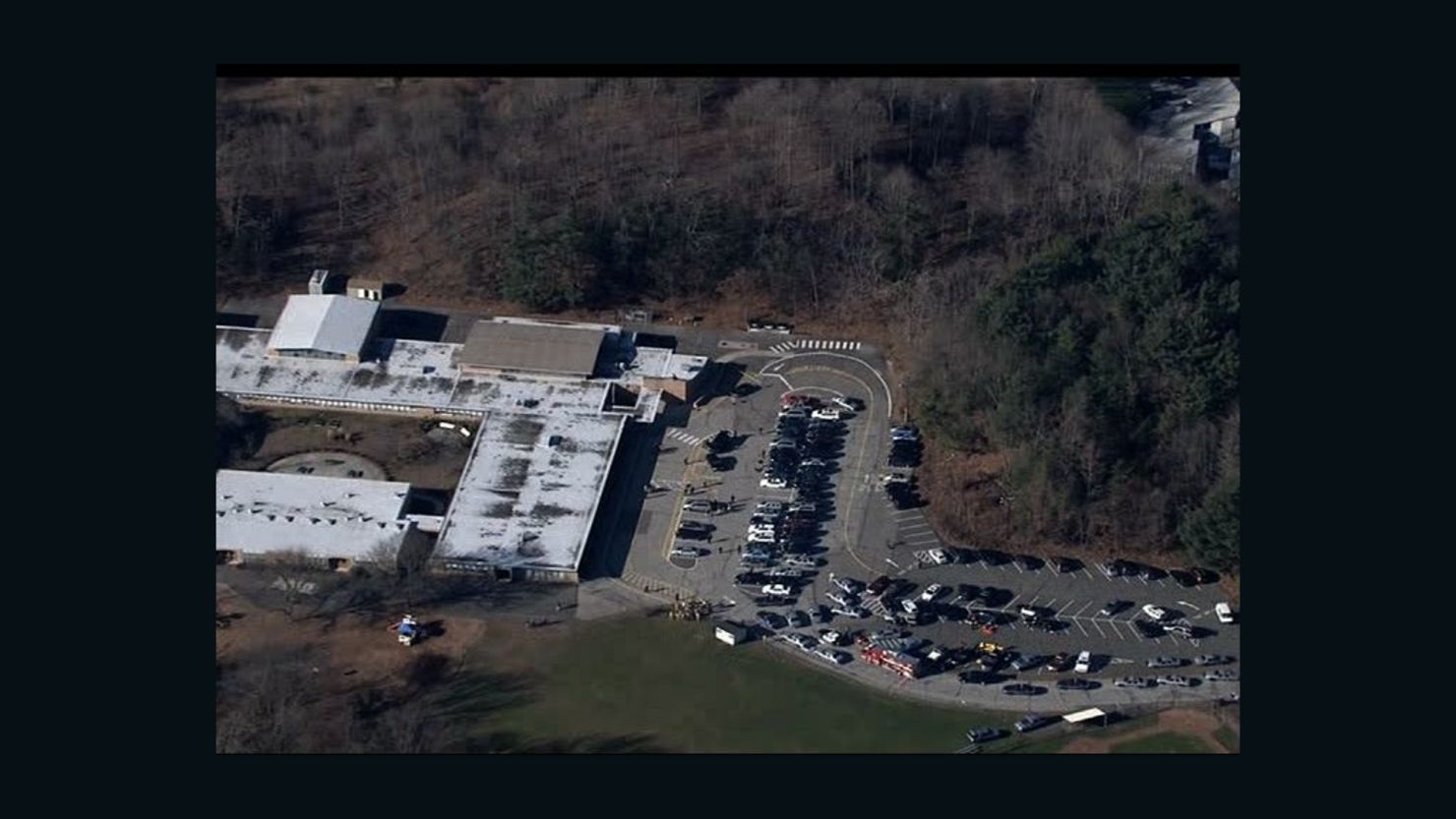 An aerial view of Sandy Hook Elementary School as first responders surround the building following the mass shooting there in December.