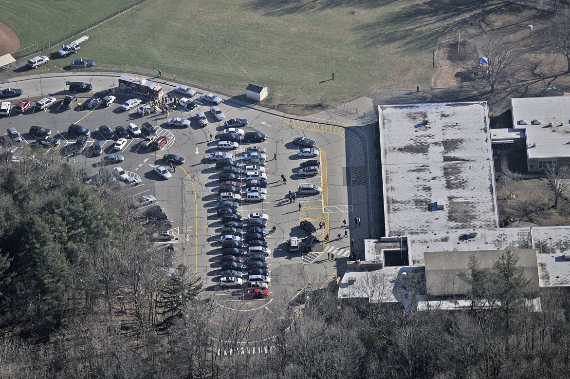 An aerial view of Sandy Hook Elementary School in Newtown, Connecticut on December 14.