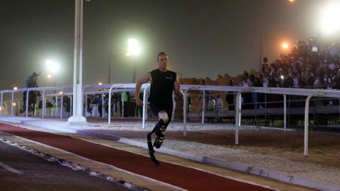 South Africa's Oscar Pistorius, a six-time Paralympic gold medal winner, raced an Arab horse on Wednesday.