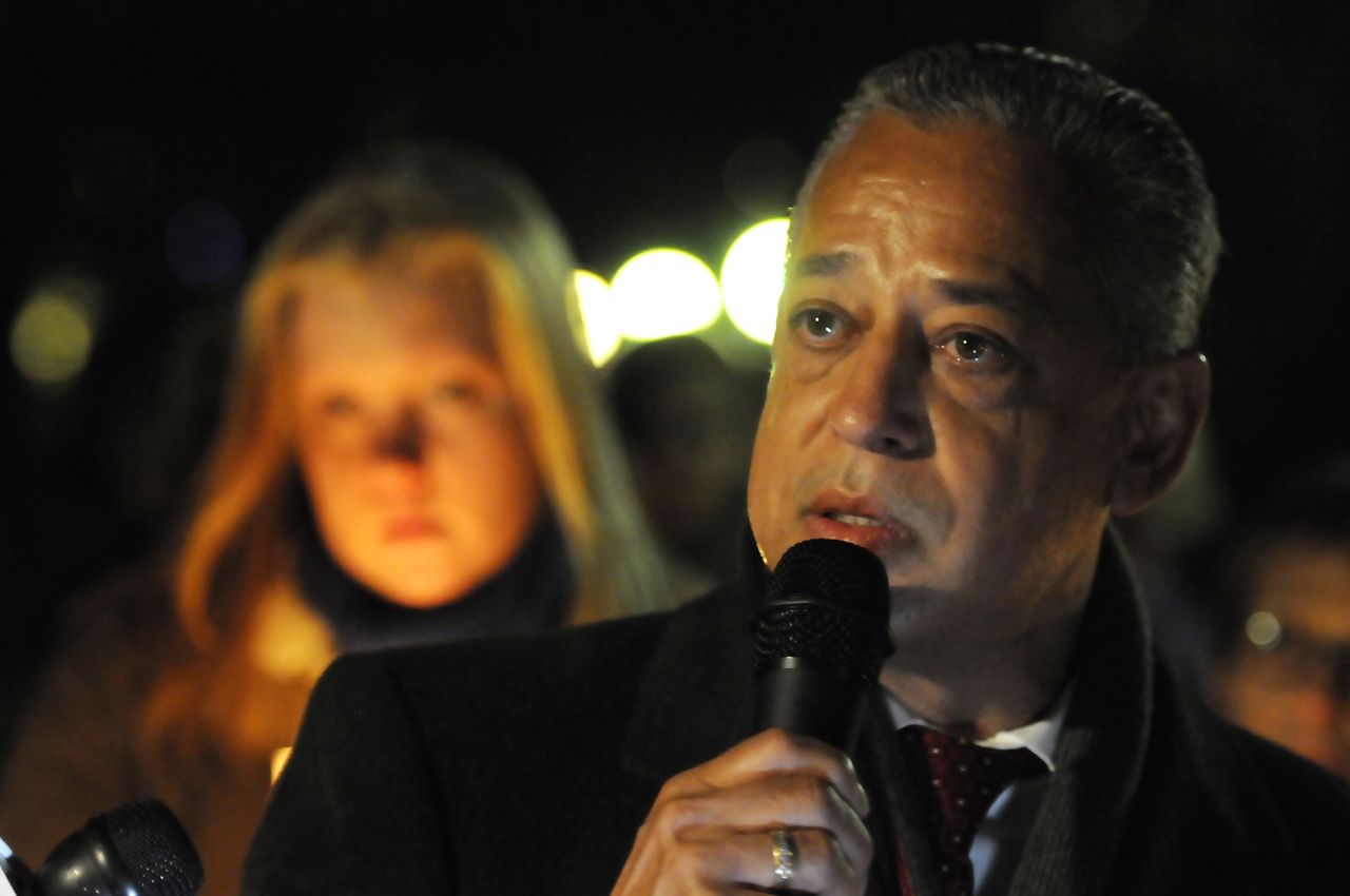Hartford, Connecticut, Mayor Padro Segarra speaks emotionally about the students and teachers who died earlier in the day at Sandy Hook Elementary School in nearby Newtown at a candlelight vigil at Bushnell Park in Hartford on Friday.