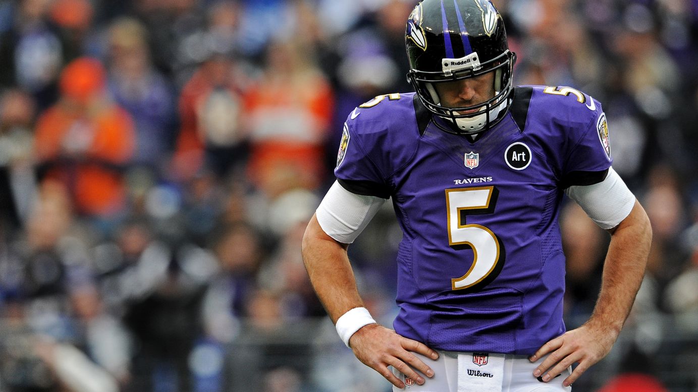 Quarterback Joe Flacco of the Baltimore Ravens shows his frustration on Sunday after a loss of yards against the Denver Broncos in the second quarter at M&T Bank Stadium in Baltimore. 