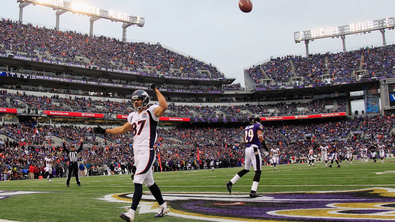 Wide receiver Eric Decker of the Broncos celebrates after catching a third quarter touchdown pass against the Ravens on Sunday.