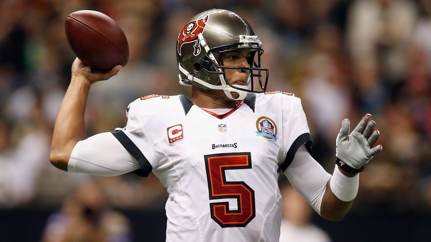 Josh Freeman of the Tampa Bay Buccaneers looks to throw a pass against the New Orleans Saints at the Mercedes-Benz Superdome on Sunday in New Orleans.