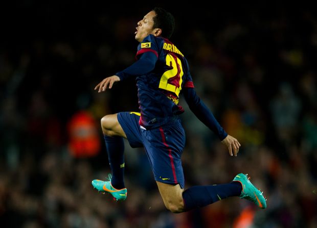 Adriano's stunning curling effort brings Barcelona level with nine minutes of the first-half remaining. The full-back turned on to his left-foot before sending an unstoppable strike into the top corner of the Atletico net to make it 1-1.