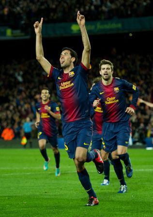 With halftime approaching, Sergio Busquets pounces inside the penalty area to fire home his first goal of the season after Atletico failed to clear its lines. 