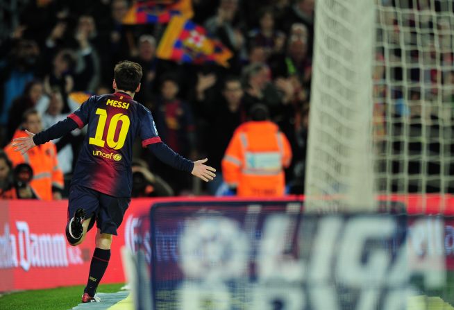 Messi celebrates after scoring his 25th league goal of the season and 34th overall. It's also the sixth league game in a row which Messi has scored twice.