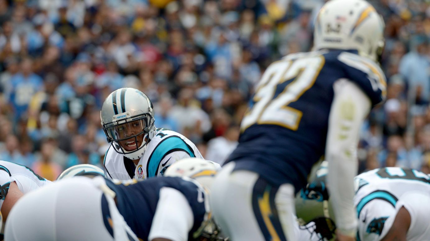 Cam Newton of the Panthers prepares to receive the snap against the Chargers on Sunday.