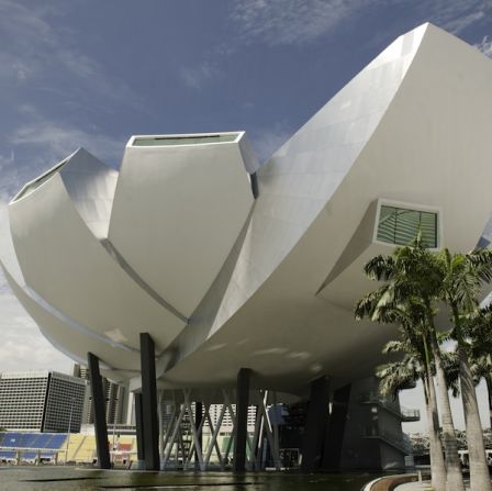 Renewable energy sources and rainwater harvesting have become standard on all buildings in Singapore, including the the  lotus-shaped ArtScience museum nearby which filters light into exhibition spaces.