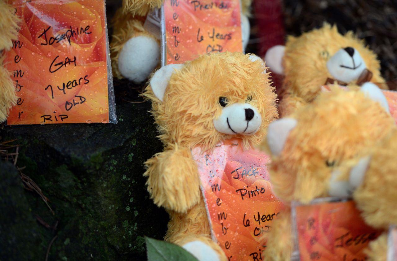 Teddy bears show the names of some of the victims at a makeshift memorial in Newtown, Connecticut, on December 17.