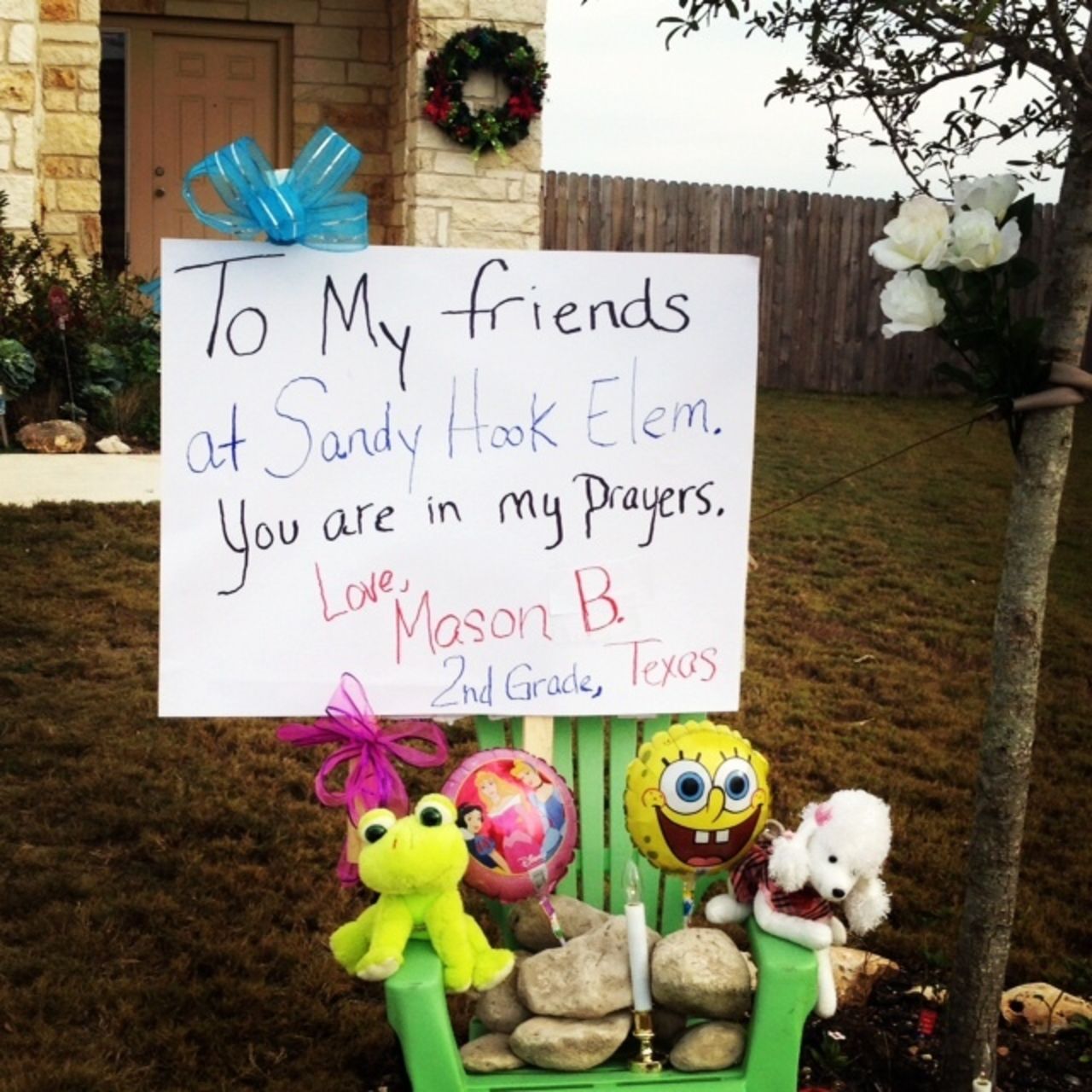 Mandie Balderaz's 8-year-old son was inspired to create his own memorial on his New Braunfels, Texas front lawn.