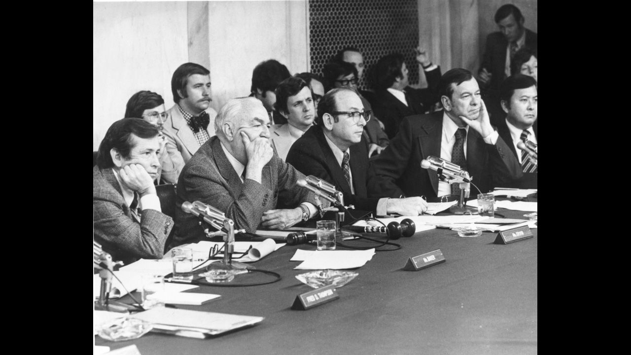 Sen. Howard Baker of Tennesse (from left), Sen. Sam Irvin of North Carolina, Majority Council Sam Dash, Sen. Herman Talmadge of Georgia and Inouye listen to the testimony of James McCord, one of the Watergate burglers, on May 18, 1973.