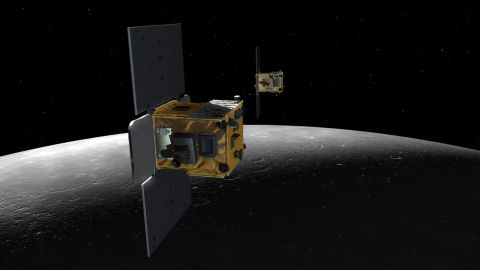An artist's depiction of the twin probes Ebb and Flow that comprise NASA's Gravity Recovery and Interior Laboratory mission.