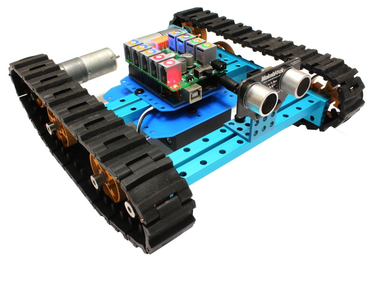 As well as mechanical components, a range of sensors are available with Makeblock kits. In this photo, a robot with tracks has a proximity sensor fixed to the front, so it won't crash into walls.