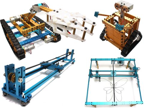 Makeblock has a wide variety of applications, from cute Wall-E-type robots to a complicated "XY-stage" that can be programmed to draw. Various components are available including grippers for robotic arms. 