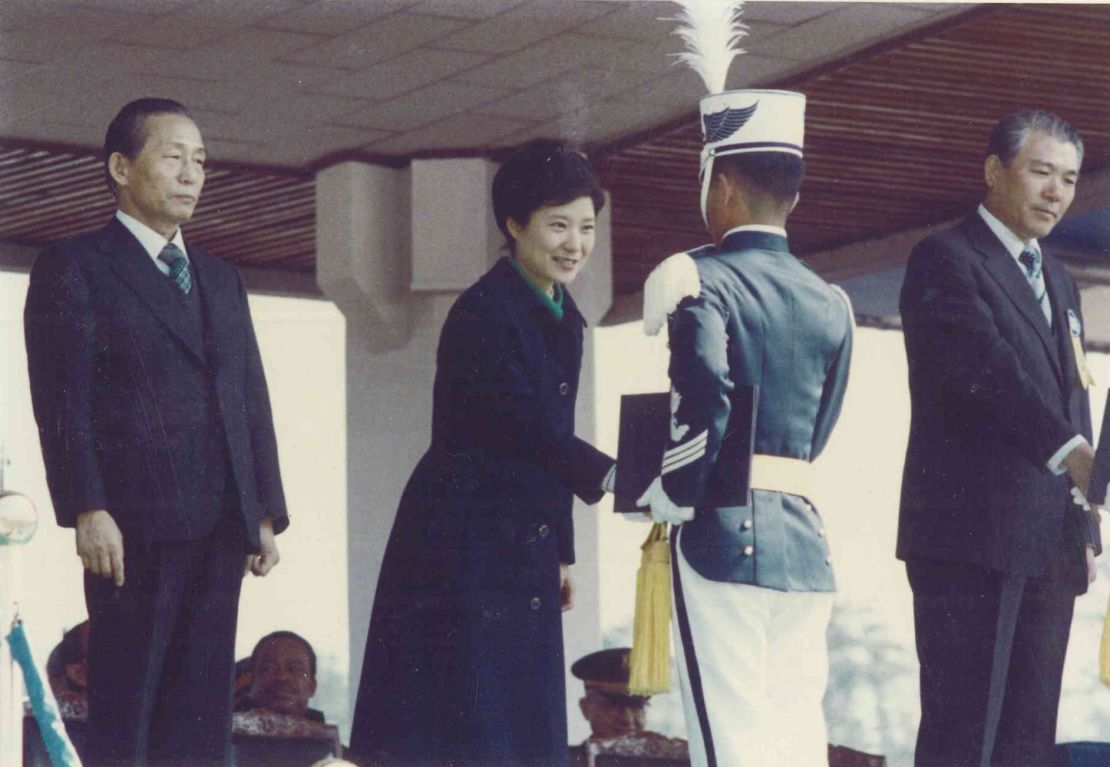 Park Geun-hye, now a South Korean presidential candidate, shakes hands with graduates of Air Force Academy in 1979.