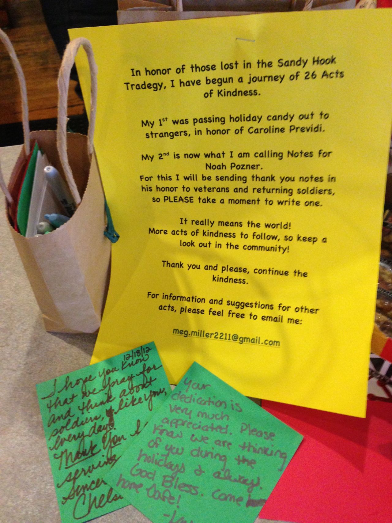 Megan Miller, a nanny in Alexandria, Virginia, was inspired by Ann Curry's online campaign to do 26 acts of kindness for each of the 20 children and six adults killed at Sandy Hook Elementary School. For her first act, she passed out candy to strangers in honor of Caroline Previdi. For her second, she is collecting thank-you notes for veterans and returning soldiers.